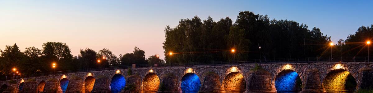 Sweden’s longest arched stone bridge at sunset. Karlstad, Varmland, Sweden