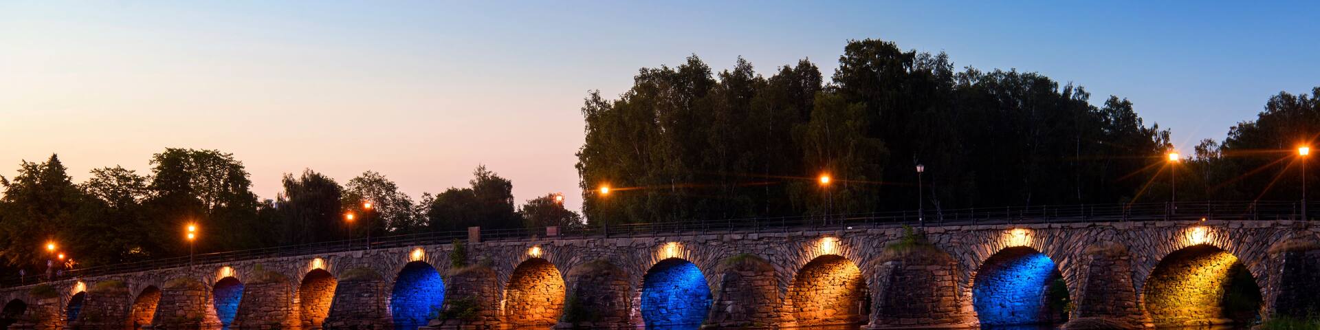 Sweden’s longest arched stone bridge at sunset. Karlstad, Varmland, Sweden