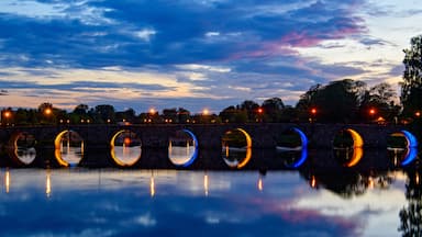 Un puente de piedra con arcos circulares reflejándose en el agua, rodeado de árboles y farolas.