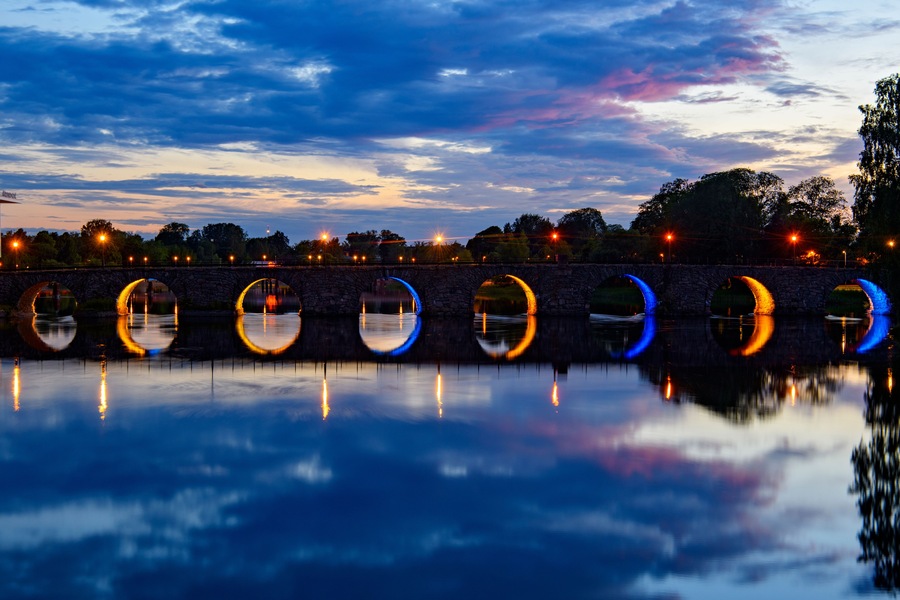 Sweden’s longest arched stone bridge at sunset. Karlstad, Varmland, Sweden