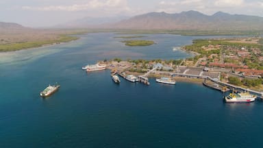 Vista aérea de un pueblo costero con un puerto deportivo, barcos y montañas circundantes.