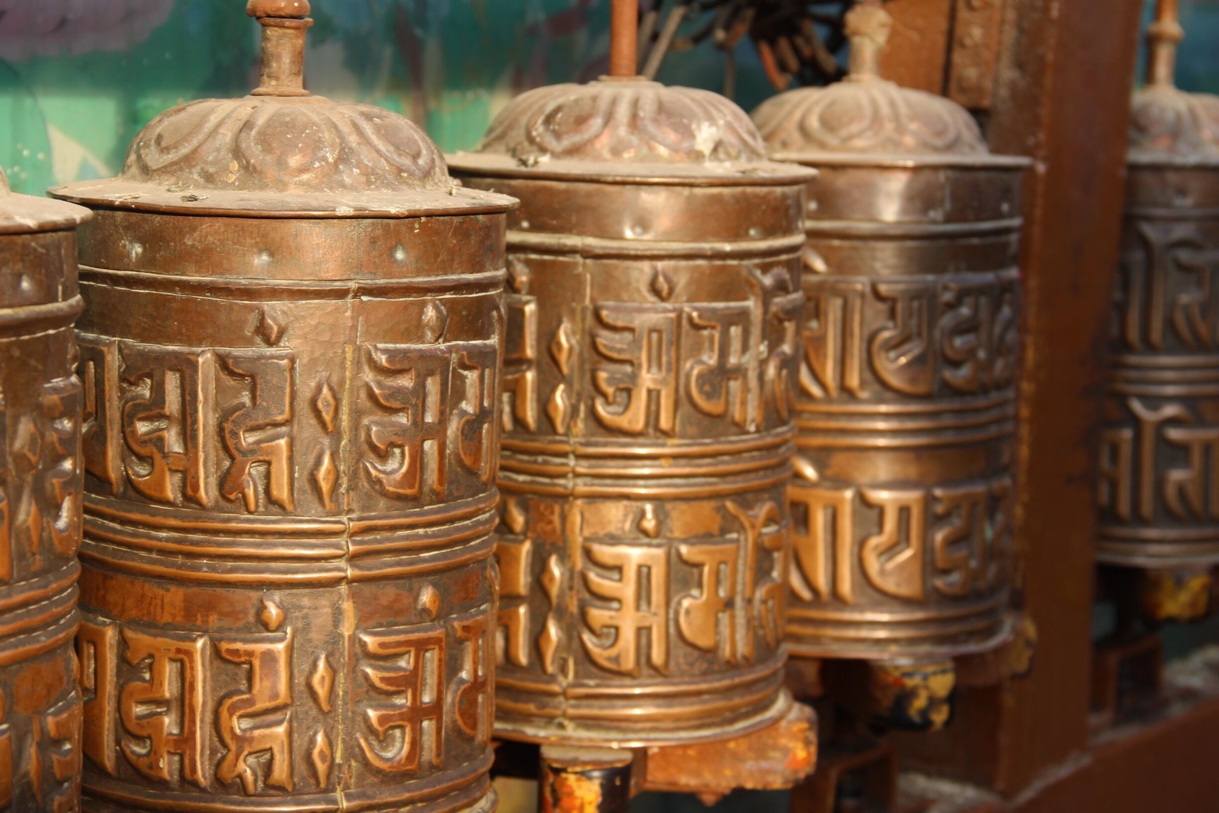Beautiful prayer wheels at the Boudha Stupa temple.