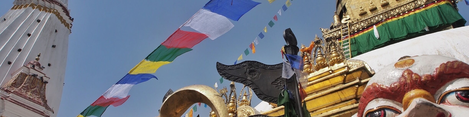 Swayambhunath is an ancient religious complex atop a hill in the Kathmandu Valley, west of Kathmandu city, Nepal. It is also known as the Monkey Temple as there are holy monkeys living in the north-west parts of the temple, it occupies a central position and it is probably the most sacred among Buddhist pilgrimage sites. For Tibetans and followers of Tibetan Buddhism, it is second only to Boudhanath.
I was lucky enough to visit Nepal, see it and take some pictures a week before the 2015 earthquake. The temple complex suffered damage in the Nepal earthquake. :-(