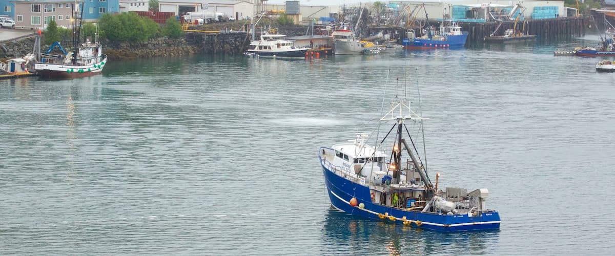 A harbor with several boats, industrial buildings, and a large blue fishing vessel in the foreground.