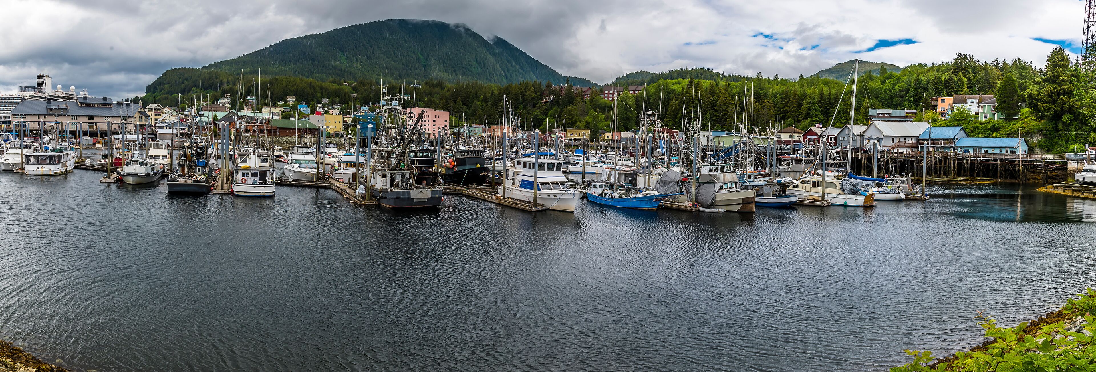 A panorama view across port and marina in Ketchikan, Alaska in summertime
