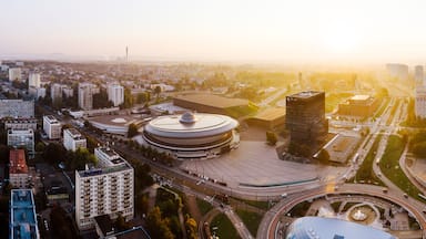 Beautiful sunrise over city center of Katowice