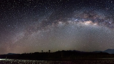 Panorama of Nightscape scenery with starry and milky way. Mount Kinabalu as background.