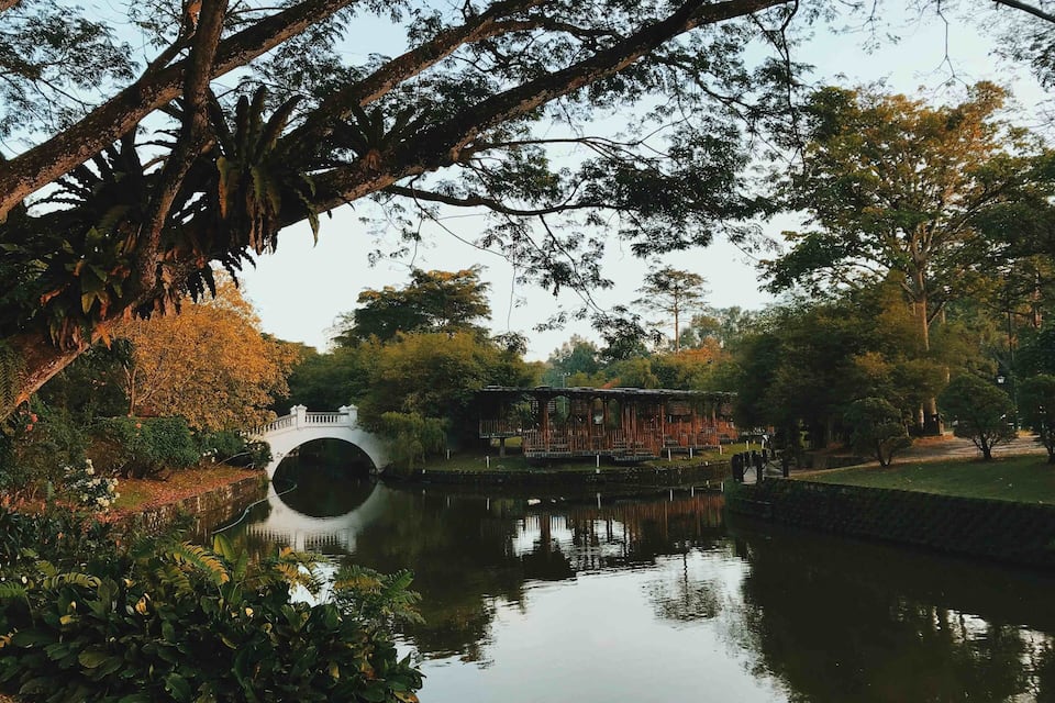 Un parque tranquilo con un estanque, un puente y un pabellón.