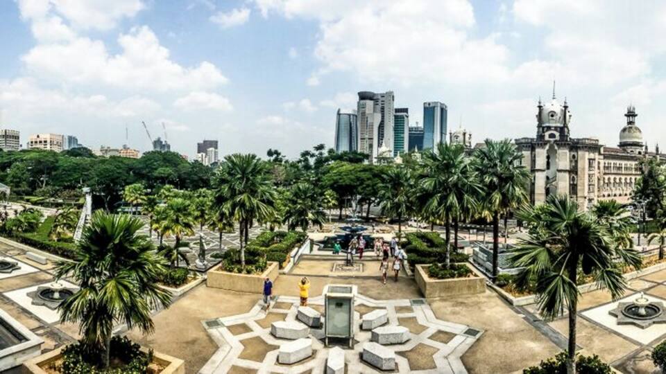 A city park with palm trees, a fountain, and historic buildings in the background.