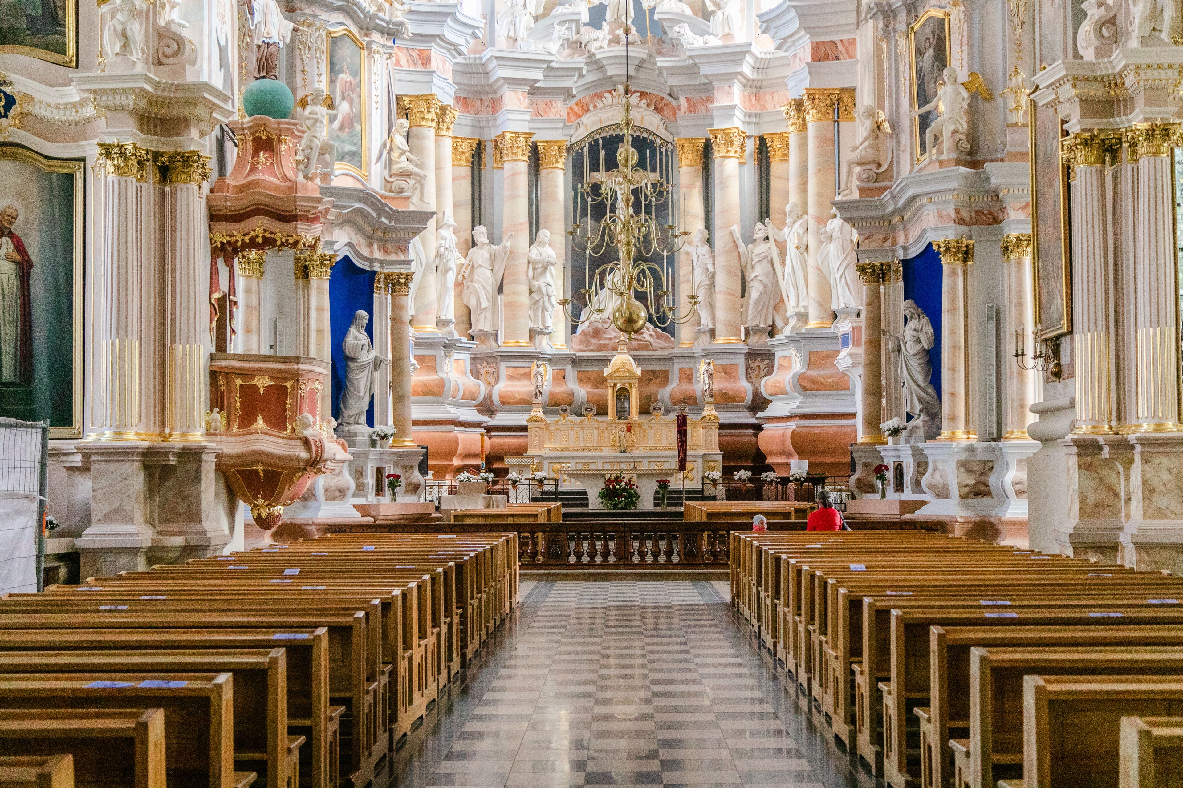 Kaunas, Lithuania – May, 2019: Interior of Kaunas cathedral basilica church, Lithuania. Wide angle panoramic view