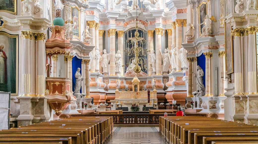 Kaunas, Lithuania – May, 2019: Interior of Kaunas cathedral basilica church, Lithuania. Wide angle panoramic view