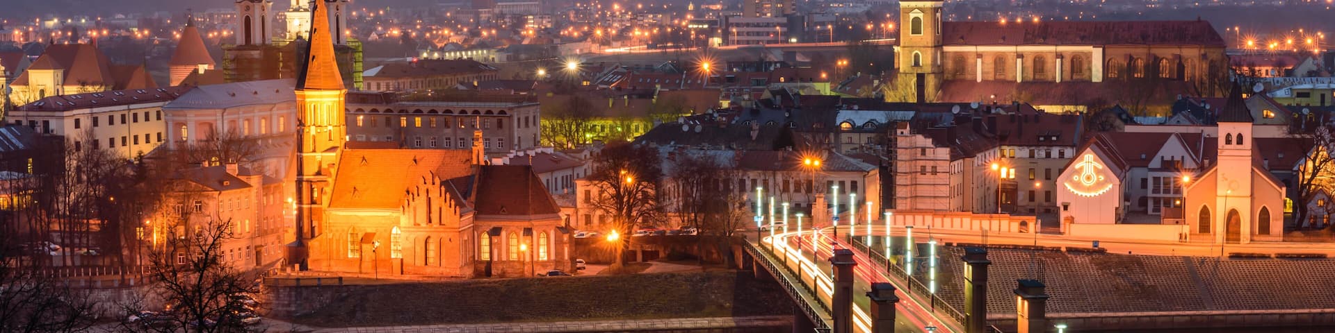 Night panorama of the river and Kaunas from Aleksotas hill, Kaunas, Lithuania.