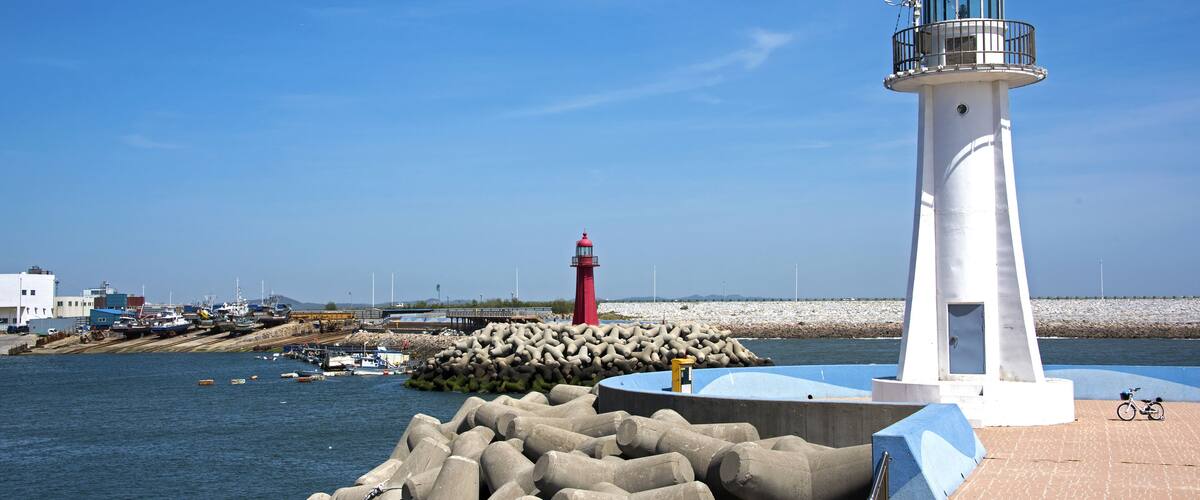 Two lighthouses in a small harbor in Gunsan, South Korea