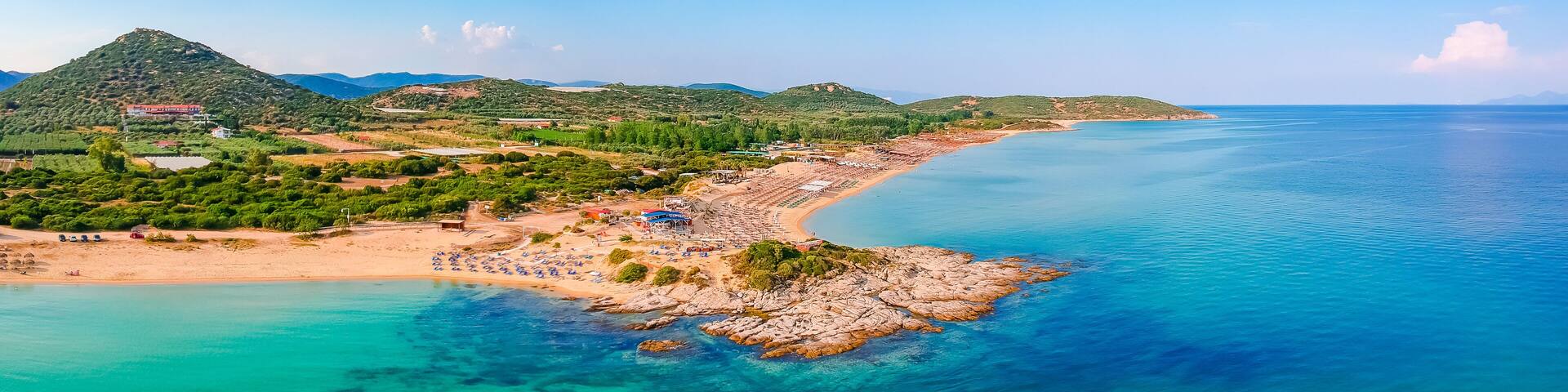 Aerial view of nice Ammolofoi sand beach near Kavala, Greece, Europe
