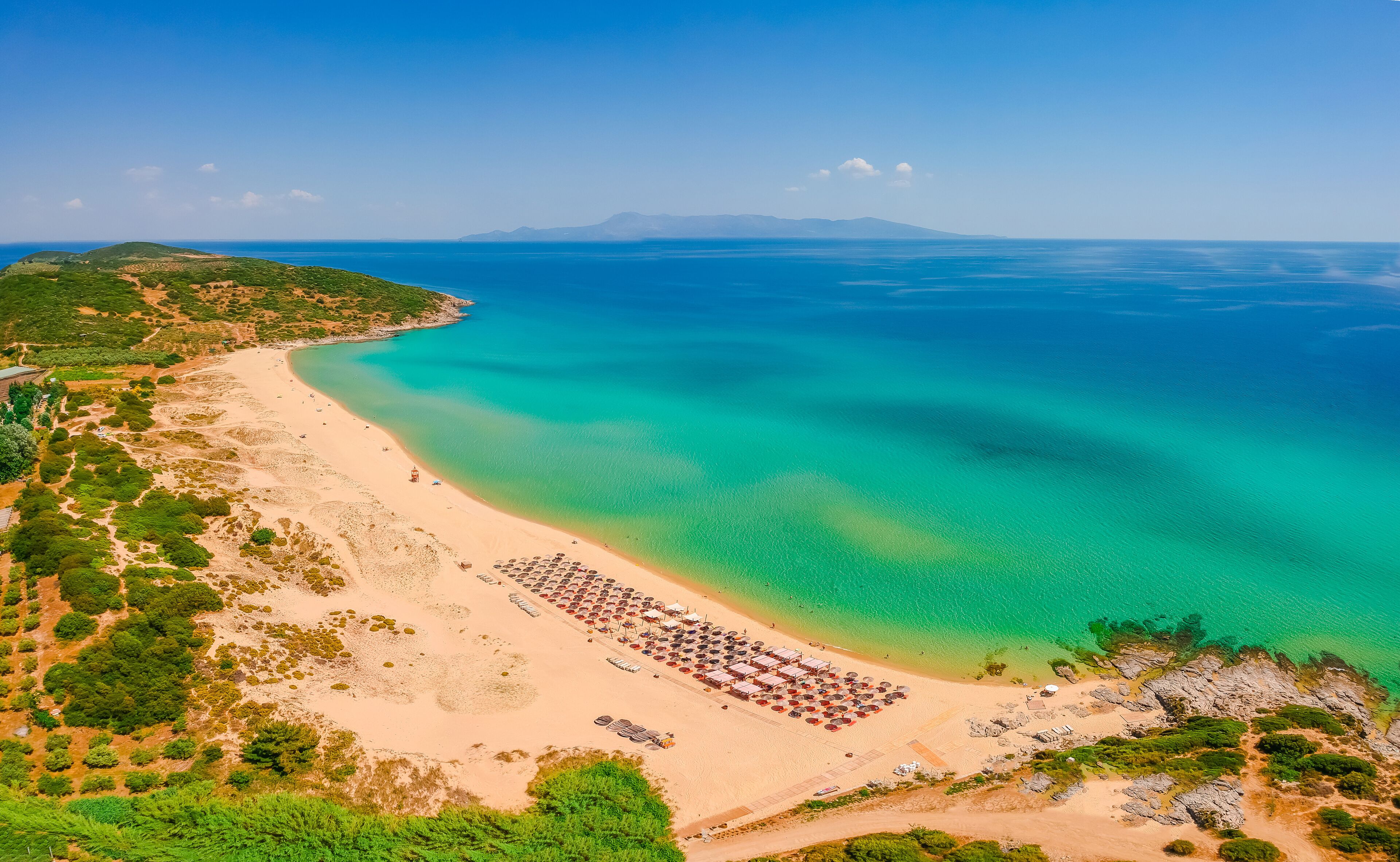 Aerial view of nice Ammolofoi sand beach near Kavala, Greece, Europe