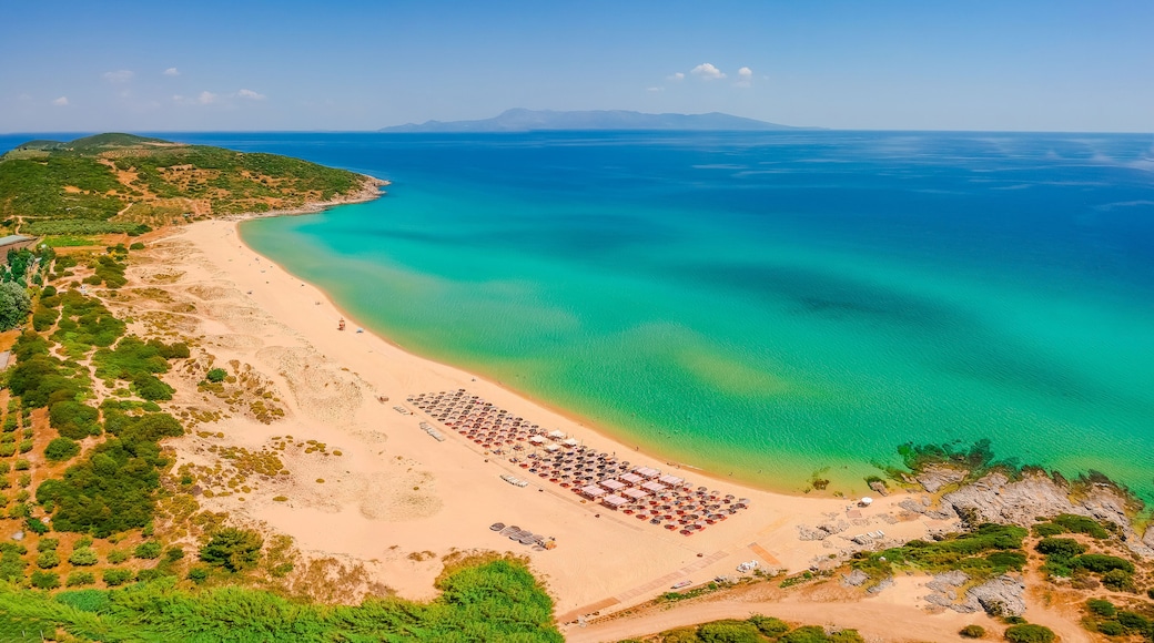 Aerial view of nice Ammolofoi sand beach near Kavala, Greece, Europe