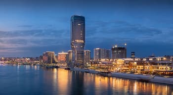 A city skyline with a prominent curved skyscraper, a river reflecting lights, and a bridge in the background.