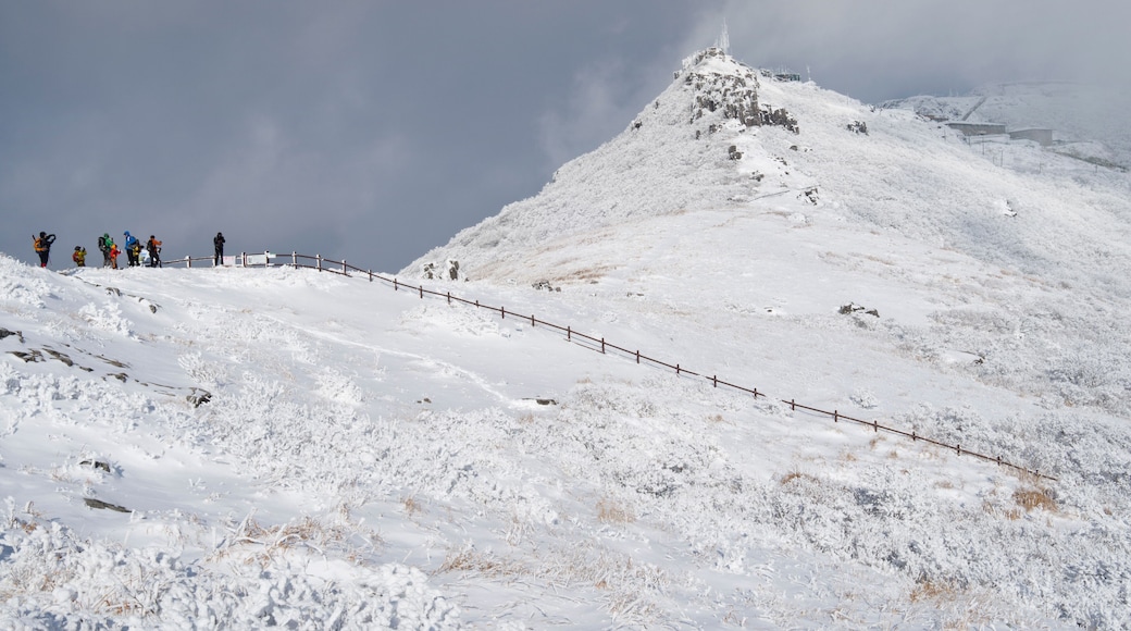 Mudeungsan National Park, Gwangju, South Korea - February 5, 2015: Hikers are standing besides snow covered Inwangbong Peak