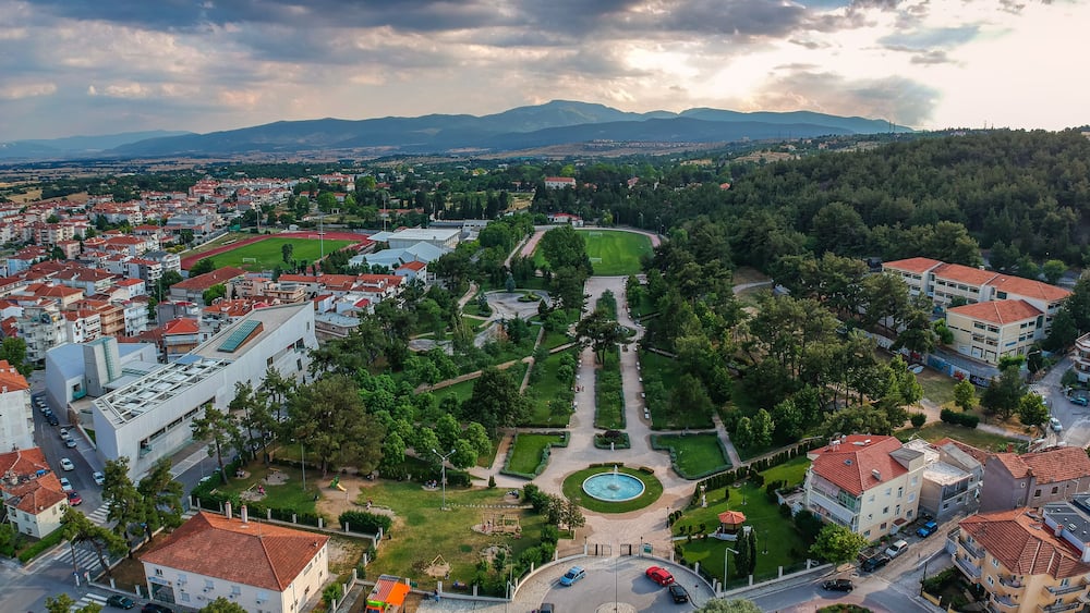 Aerial panoramic view over Kozani city, Greece