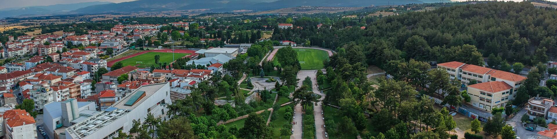 Aerial panoramic view over Kozani city, Greece