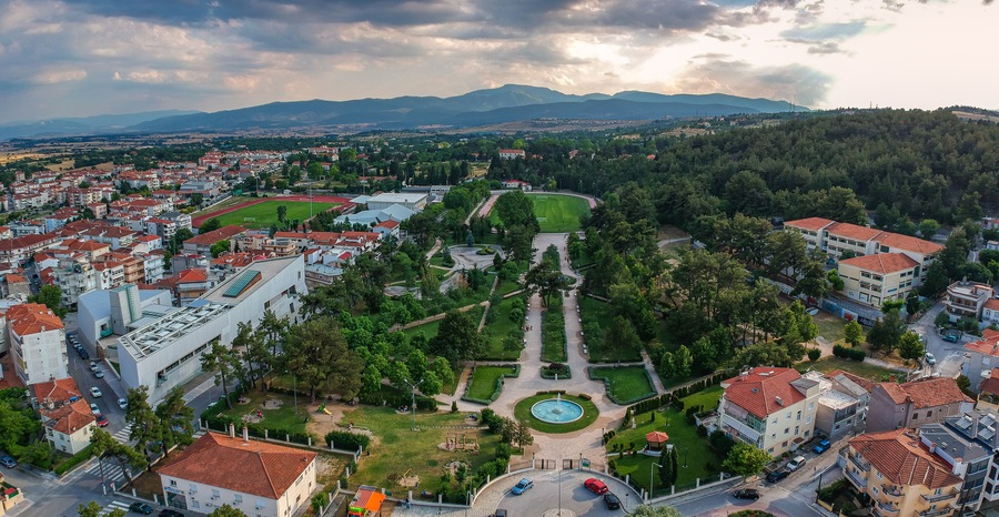 Aerial panoramic view over Kozani city, Greece
