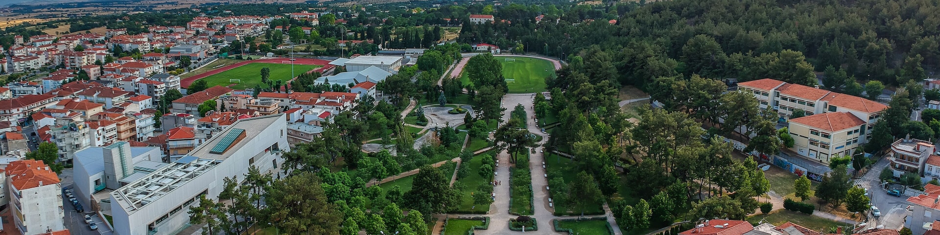 Aerial panoramic view over Kozani city, Greece