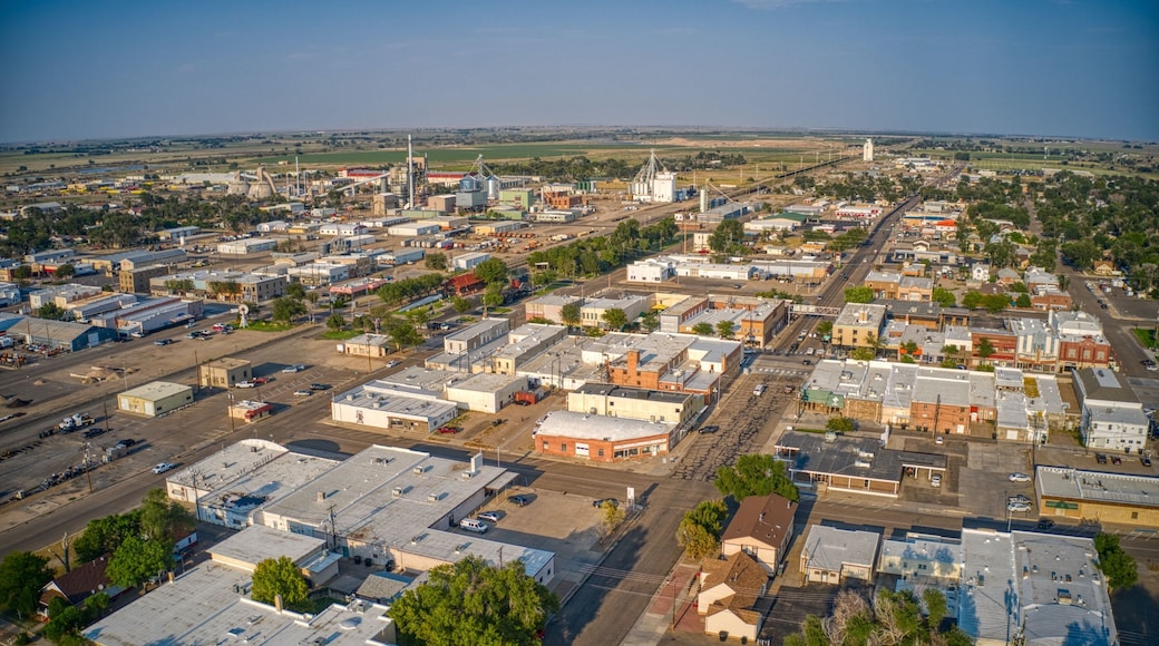 An aerial view of a town with industrial buildings, a large grain elevator, and a prominent church steeple.