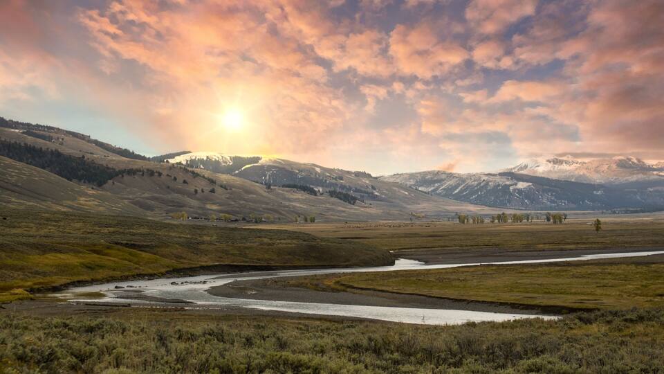 sunset in Yellowstone national park on the Lamar river