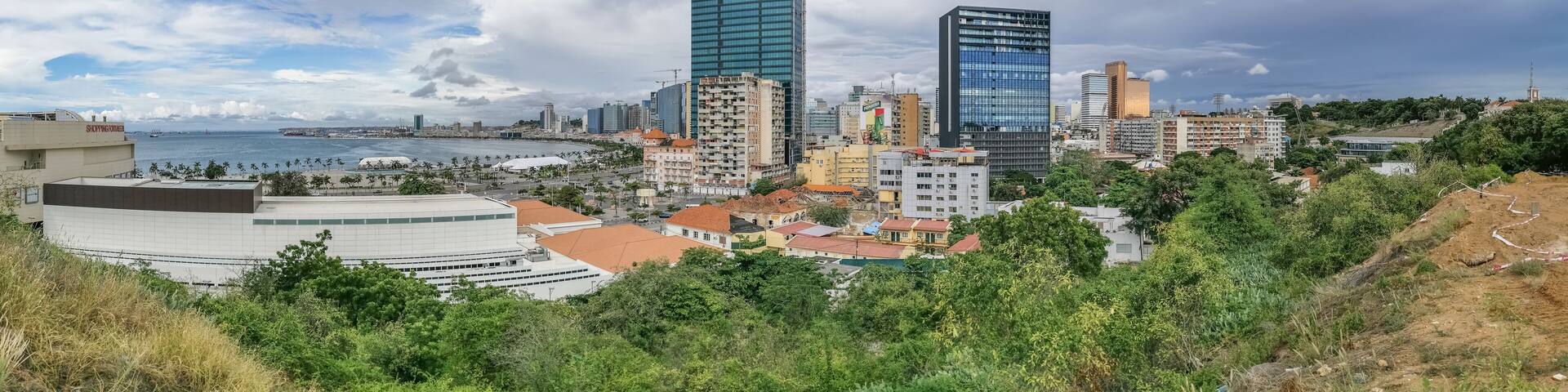 Amazing panoramic aerial view of downtown Luanda, bay , Cabo Island and Port of Luanda, marginal and central buildings, in Angola
