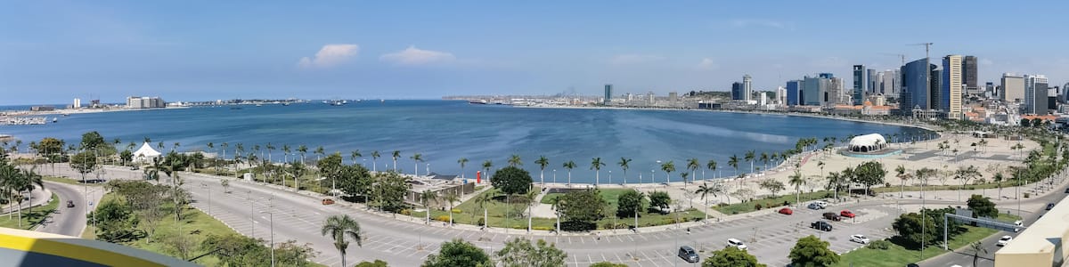 Amazing panoramic aerial view of downtown Luanda, bay , Cabo Island and Port of Luanda, marginal and central buildings, in Angola