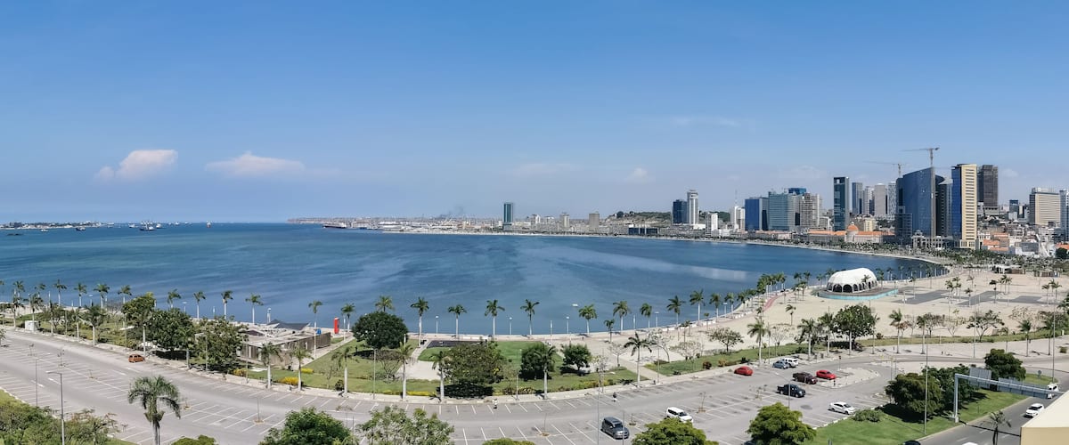 Amazing panoramic aerial view of downtown Luanda, bay , Cabo Island and Port of Luanda, marginal and central buildings, in Angola