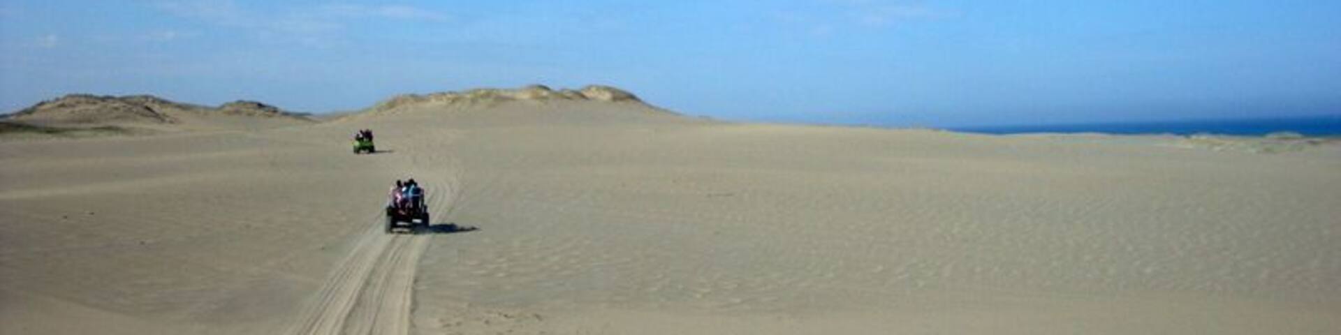 A sand dune, you may think it's all sand and it's boring. But I saw the layers of #blue and it became the highlight of our trip!
You can see the clear sky and the ocean (peeking on the right side of the photo!) while you enjoy a thrilling 4x4 ride.
Also some amazing local residents/young tourist guides/photographers are waiting to take your perfect sand boarding and jump shot! How cool is that?