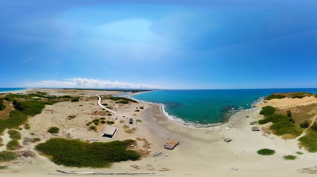 A coastal landscape with a sandy beach, a winding path, and scattered structures.