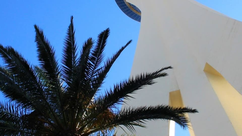 Une haute tour blanche surmontée d’un dôme circulaire bleu, avec des palmiers au premier plan et un ciel bleu dégagé.