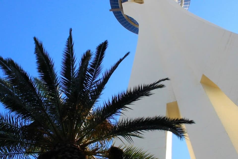 Un'alta torre bianca con un tetto circolare blu, palme sullo sfondo e un cielo azzurro terso.