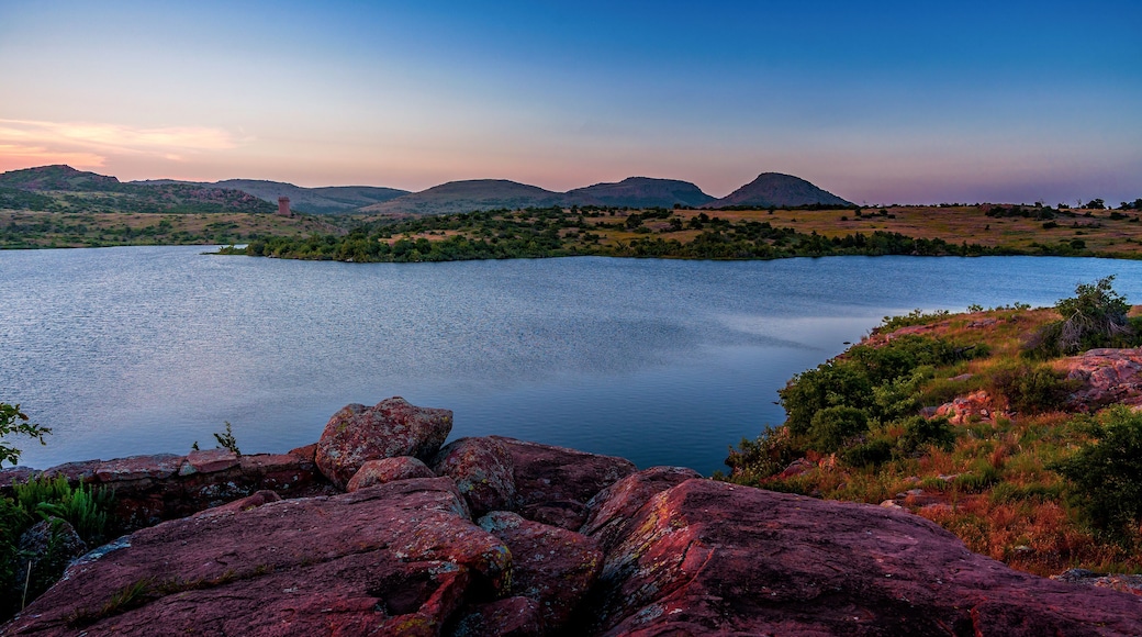Oklahoma landscape at sunset. Wichita Mountain Wildlife Preserve, Lawton, Oklahoma, United States.