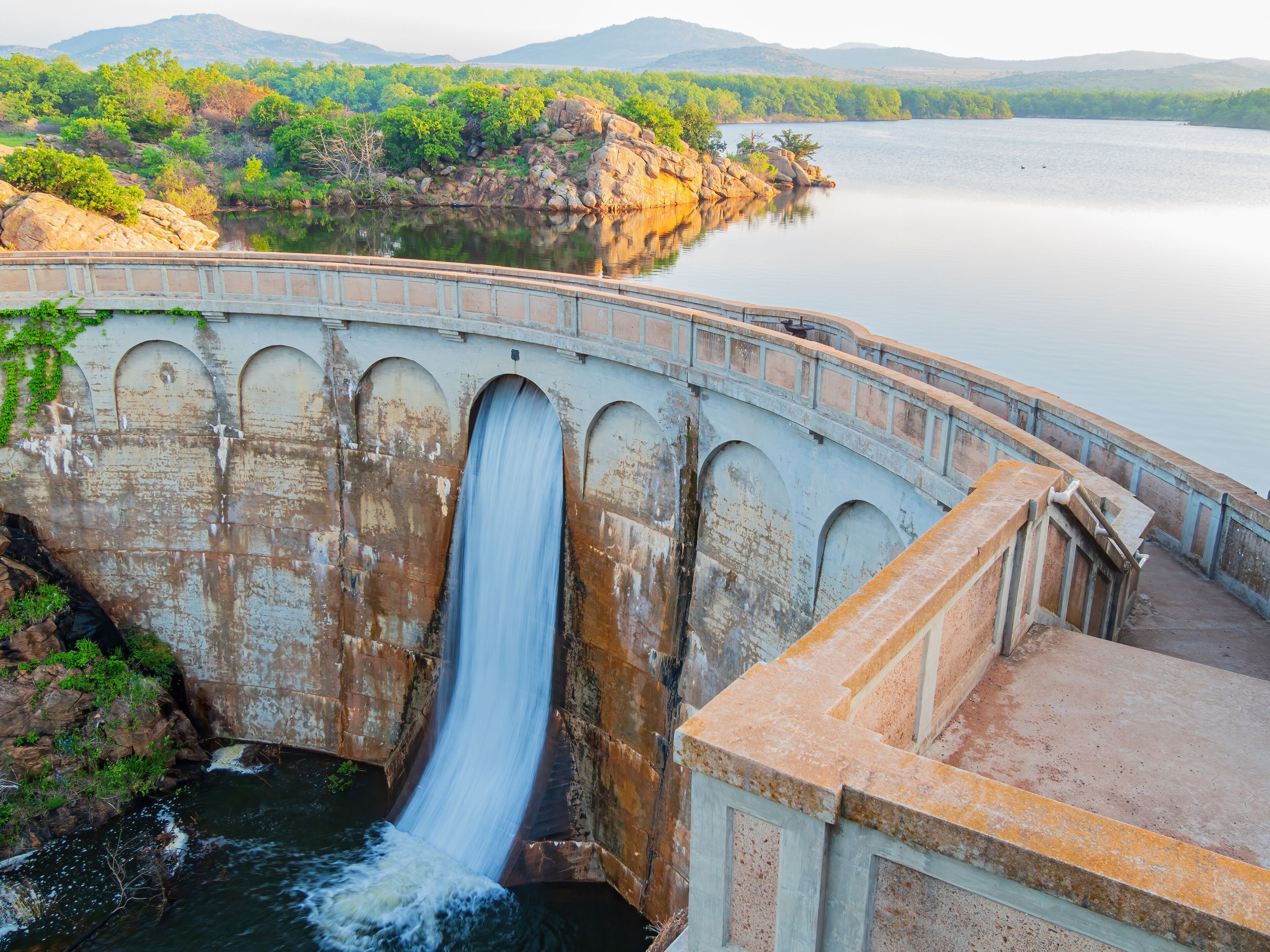 Sunny view of the Quanah Parker Dam of Wichita Mountains Wildlife Refuge