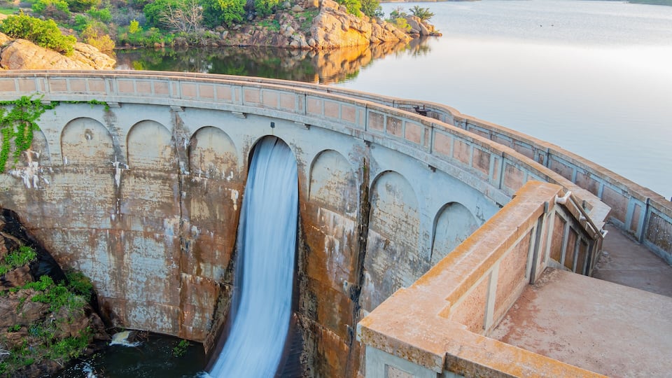 Sunny view of the Quanah Parker Dam of Wichita Mountains Wildlife Refuge