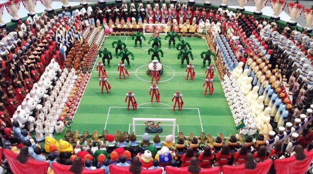 LACMA features a World Cup exhibition right now, and this was my favorite piece. By Nelson Leirner, this 7ft diameter stadium features an array of pop-icon and religious figurines battling it out for soul of humanity.