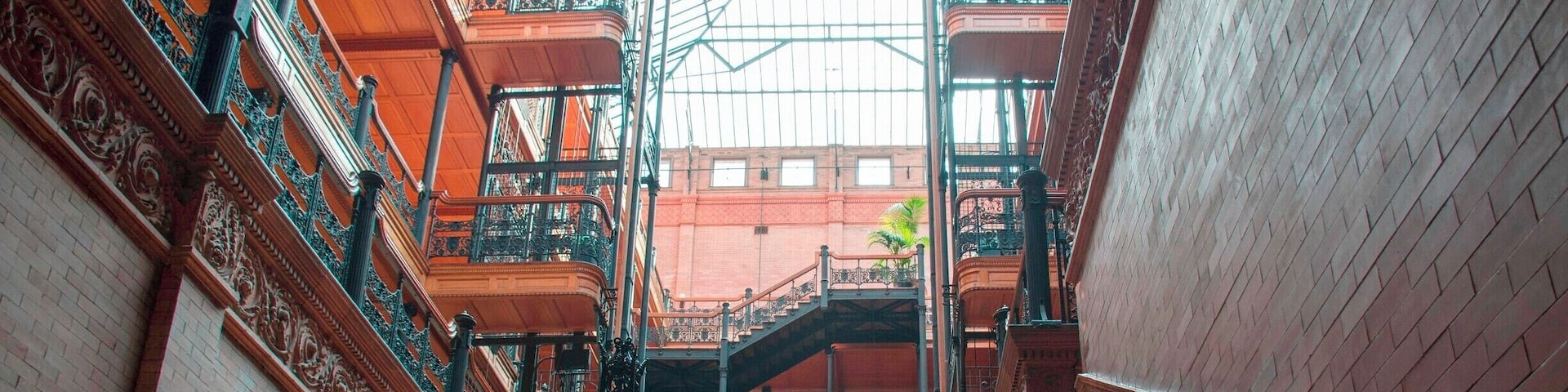 The Bradbury Building, built in 1893 in downtown Los Angeles, is my favorite building in California--at least my favorite interior. It's been a location for a number of movies, such as Blade Runner, Double Indemnity, and (500) Days of Summer.