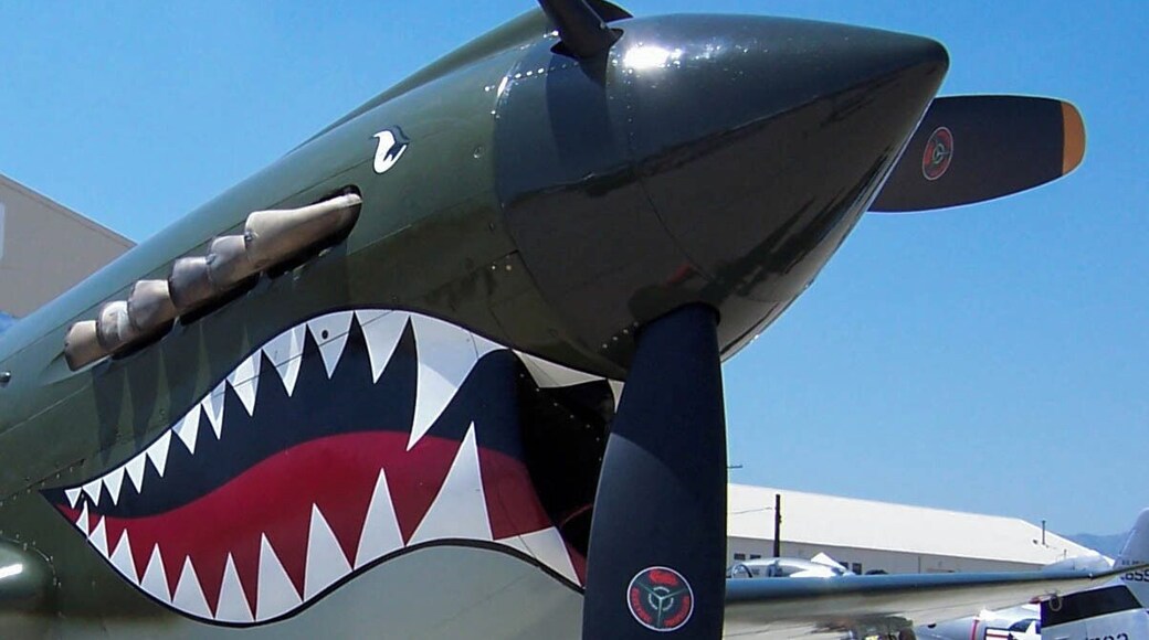 The shark-faced nose of a P-40 aircraft of the Flying Tigers on display at the airport. The Van Nuys Airport was Amelia Earhart's last stop before she vanished in the Pacific.