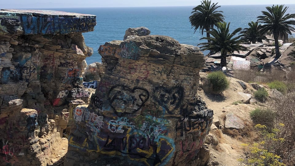 A rocky coastal landscape with graffiti on the cliffs and palm trees in the background.