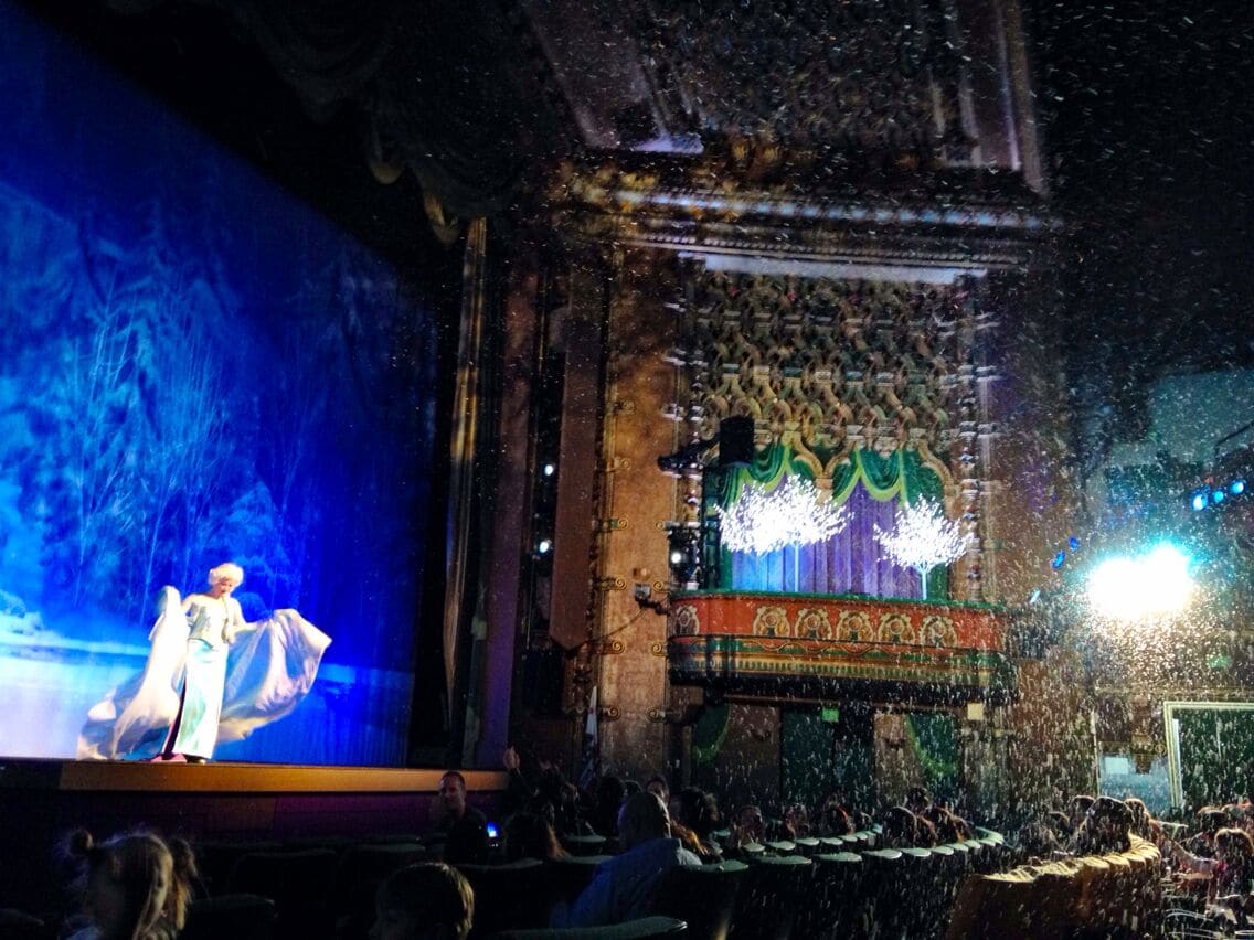 Watched Frozen with my nephew. Before the movie started Elsa,  the snow queen, came out on the stage bringing snow inside the theater.