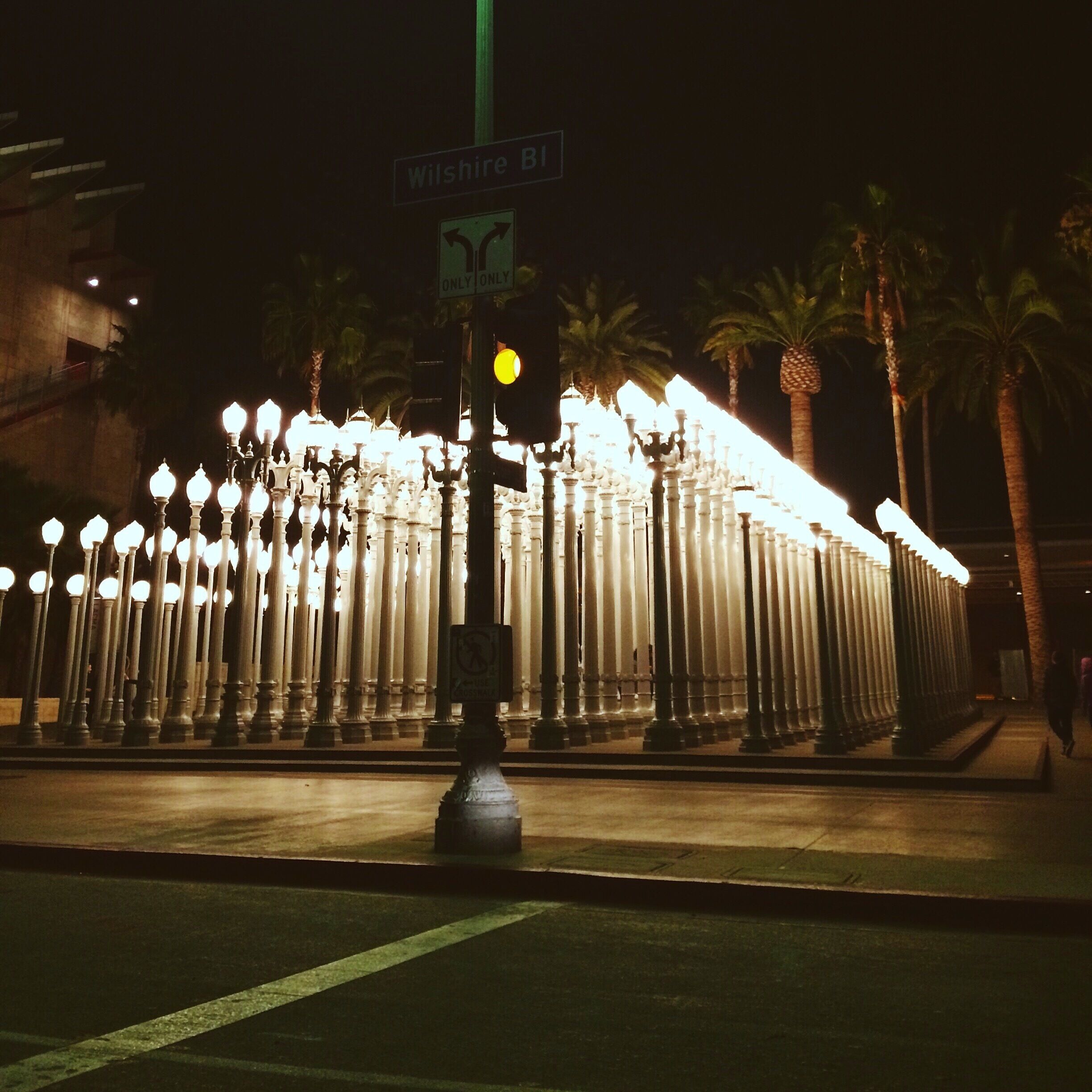 Uma rua com uma fileira de postes de luz decorativos e um semáforo na Wilshire Blvd.