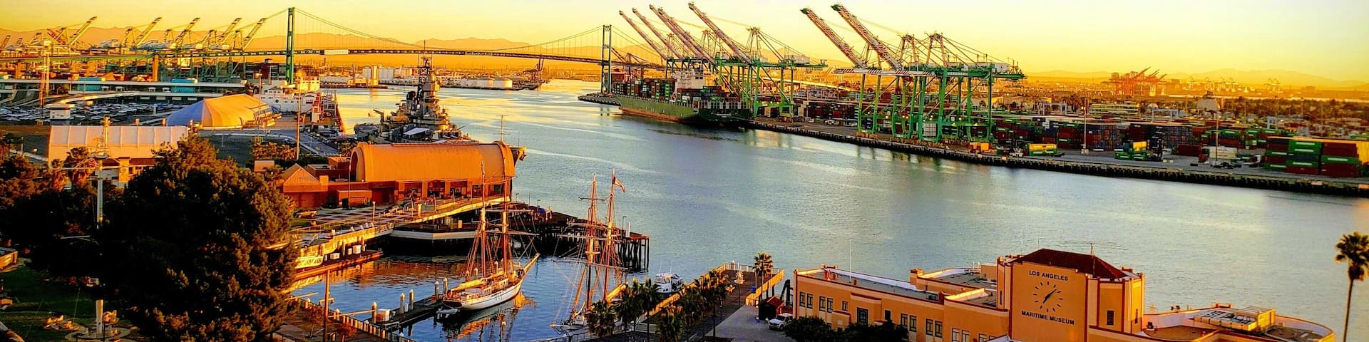 Sunrise at the Port of Los Angeles as seen from the top of San Pedro City Hall.