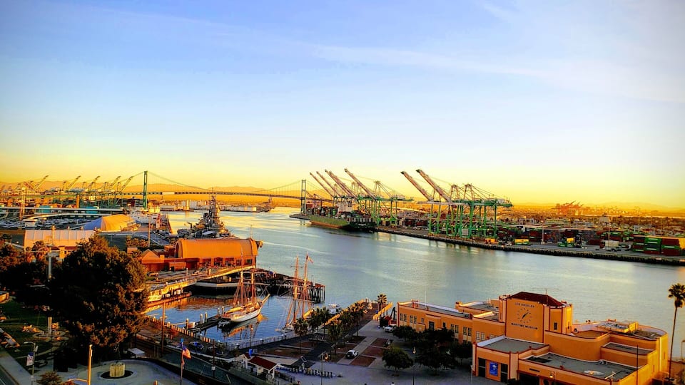 Sunrise at the Port of Los Angeles as seen from the top of San Pedro City Hall.