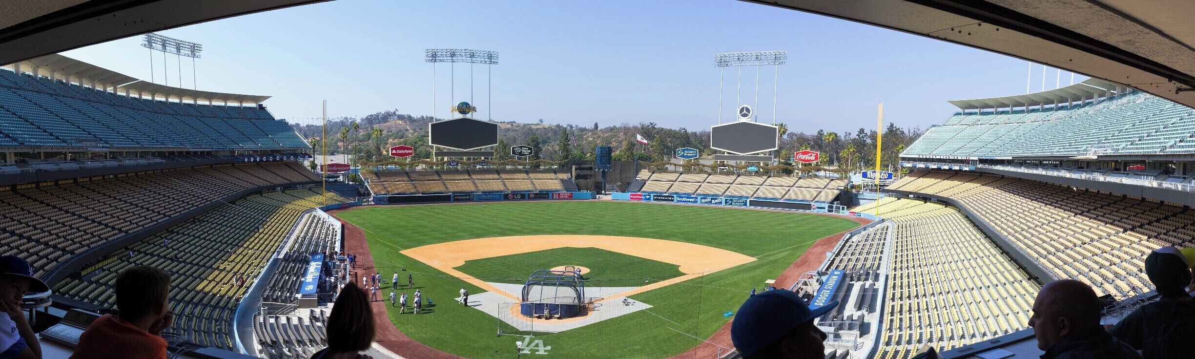 A panoramic view of the field from the Vin Scully Press Box. Vin Scully is the legendary announcer and broadcaster of Dodger games.