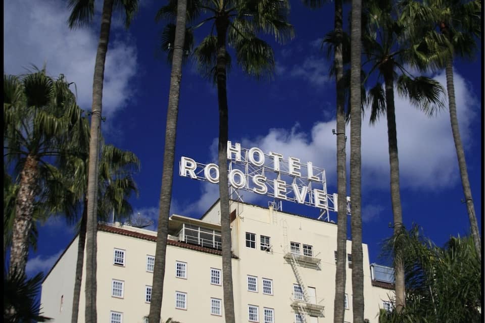 A hotel with a sign reading "HOTEL ROOSEVELT" surrounded by tall palm trees.