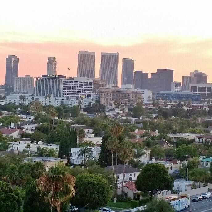 View of West Los Angeles from upper floors at sunset.