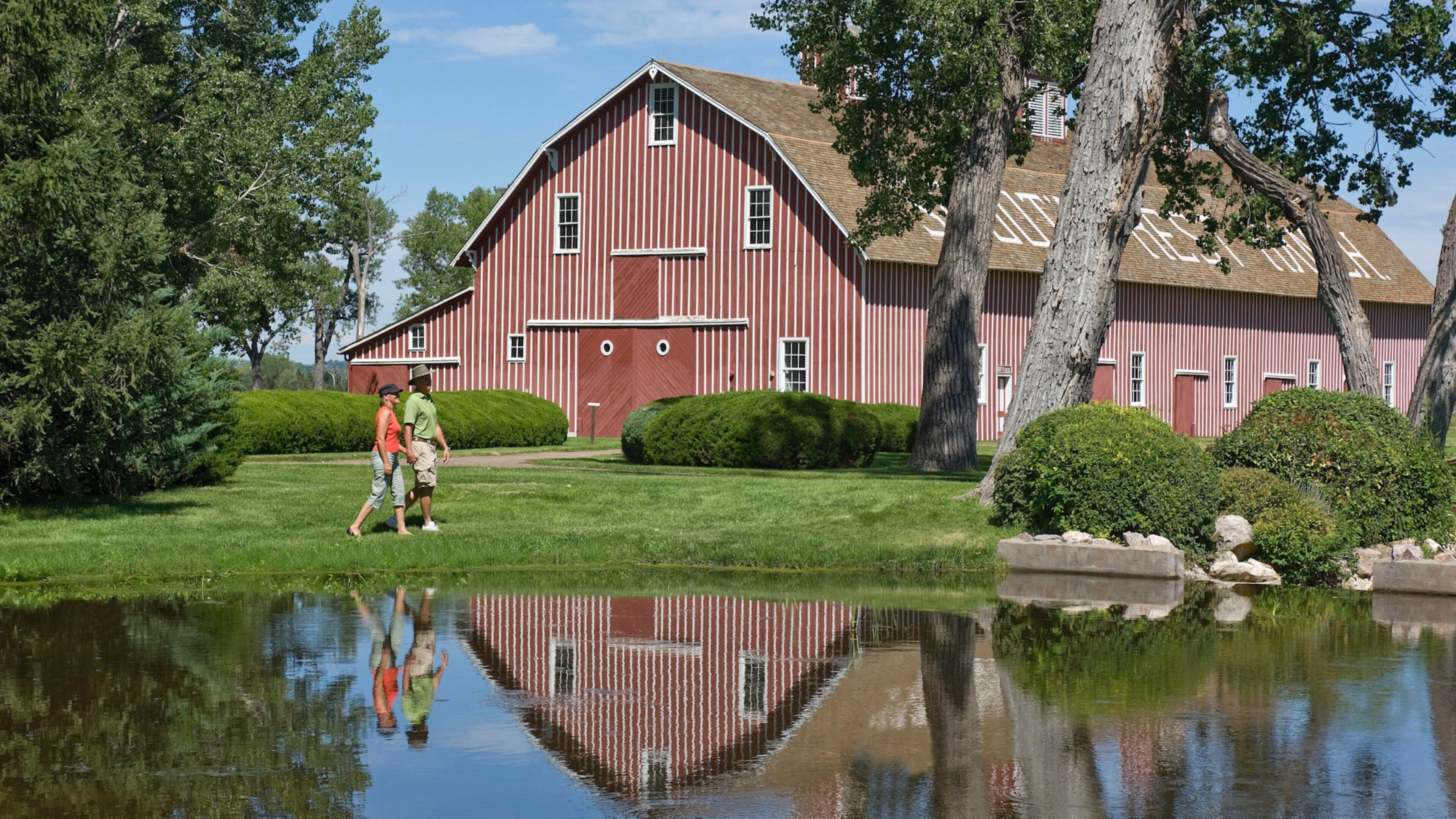 A red barn with a pond in front, surrounded by trees and greenery.